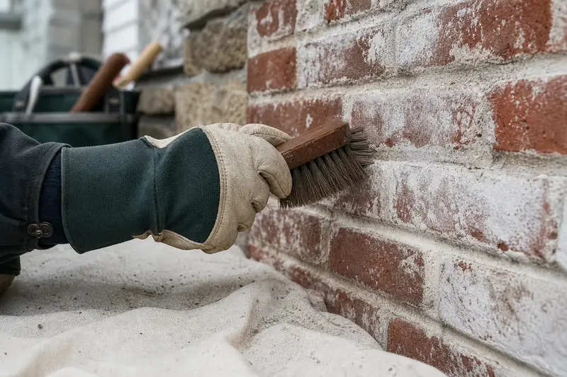 White efflorescence deposits on red chimney brick, seen up close; illustrative image