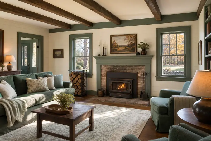 A hearth room with a wood-burning insert in a brick opening, split firewood in a steel rack and a clear hearth; illustrative image