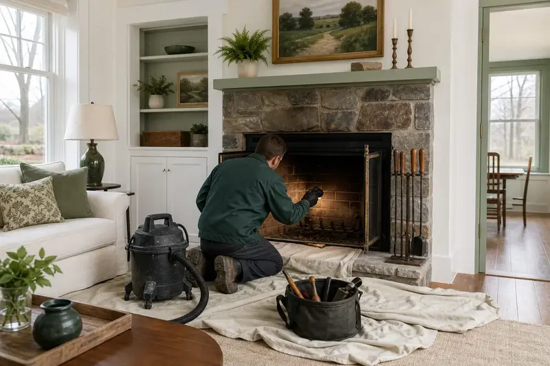 A technician checking the firebox walls of a factory-built wood-burning fireplace with a stone facing with a work light, a drop cloth on the hearth; illustrative image