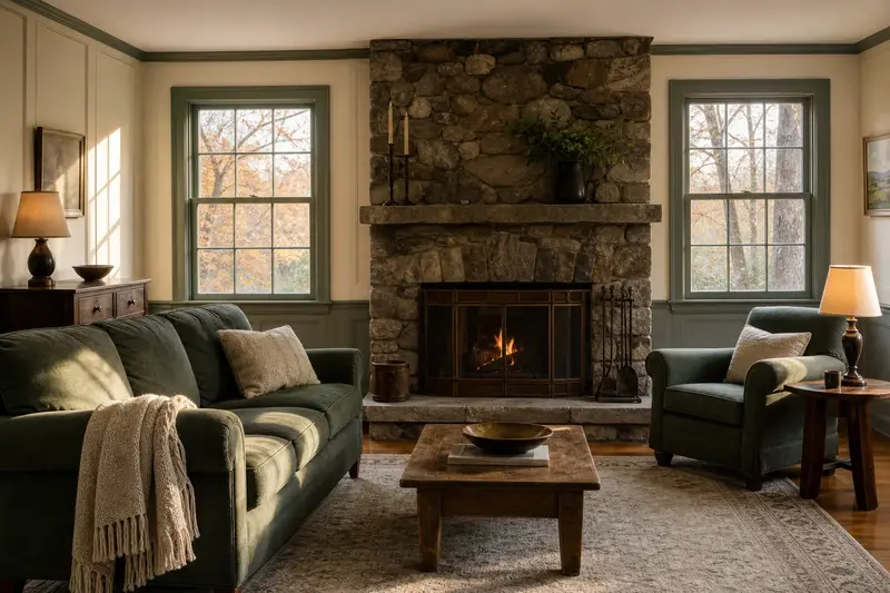 A living room with a factory-built wood-burning fireplace with a stone facing and a small fire behind a screen, no one present; illustrative image