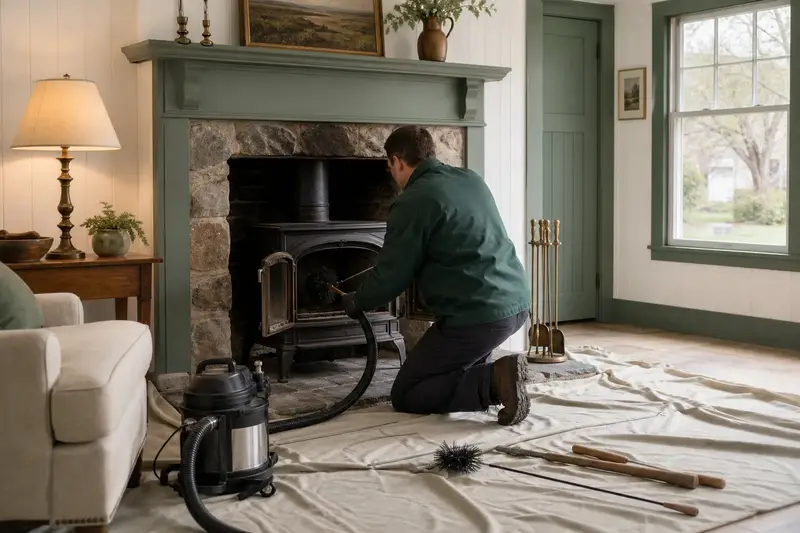 A technician kneeling at a cast-iron wood stove on a stone hearth pad with a sealed vacuum and drop cloths, the fireplace cold and unlit; illustrative image