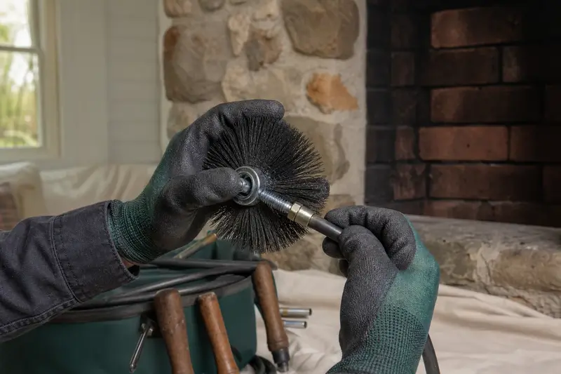 Gloved hands fitting a round wire brush onto a flexible rod at the hearth of an open masonry wood-burning fireplace; illustrative image
