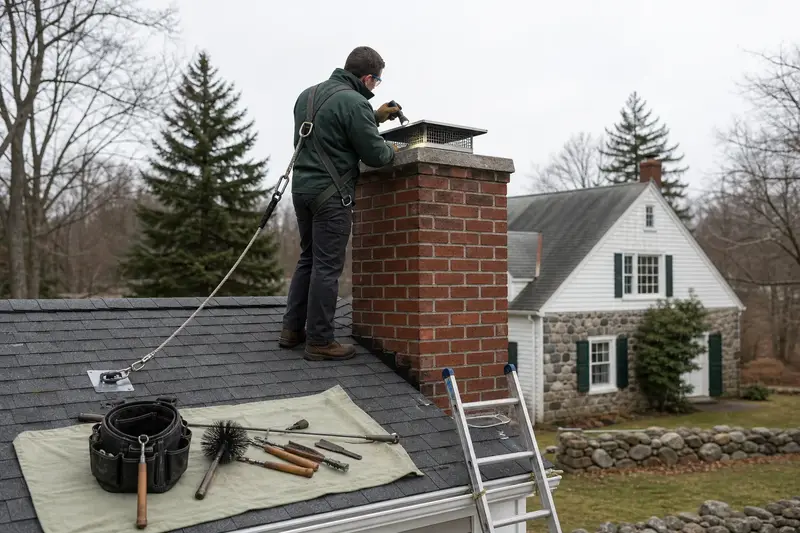 A harnessed technician examining the top of a red brick chimney with a concrete crown with a flashlight from a dry roof surface; illustrative image