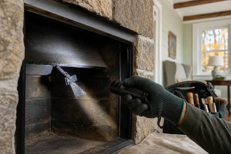 A flashlight beam across the smoke chamber and damper of a factory-built wood-burning fireplace with a stone facing, a gloved hand holding the light; illustrative image