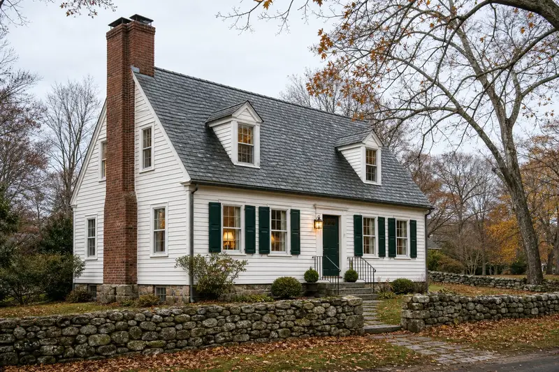 A 1950s Cape-style cottage with a two-flue brick chimney on a slate roof and neat mortar joints; illustrative image