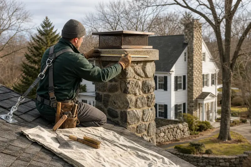 A harnessed mason measuring the crown of a stone masonry chimney with a folding rule; illustrative image