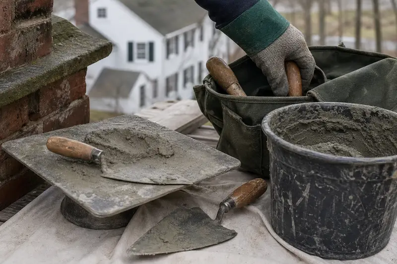 A mortar hawk, trowels and a bucket of mixed mortar set on a roof work platform; illustrative image