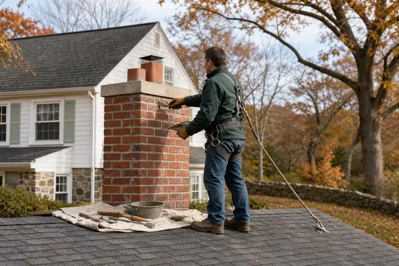 A harnessed mason repointing mortar joints on a red brick chimney with a concrete crown with a pointing trowel; illustrative image