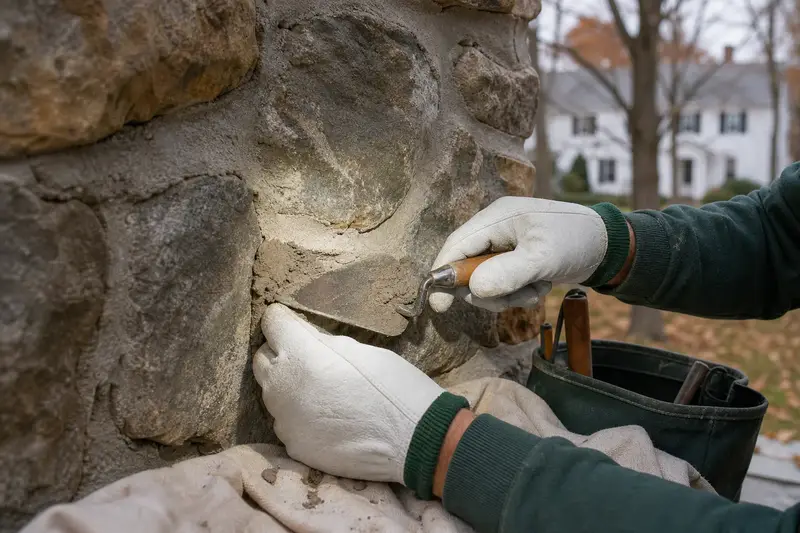 Gloved hands pressing fresh mortar into a raked joint with a tuckpointing trowel; illustrative image