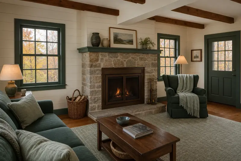 A clean hearth room with a factory-built wood-burning fireplace with a stone facing, glass doors closed, in soft daylight; illustrative image