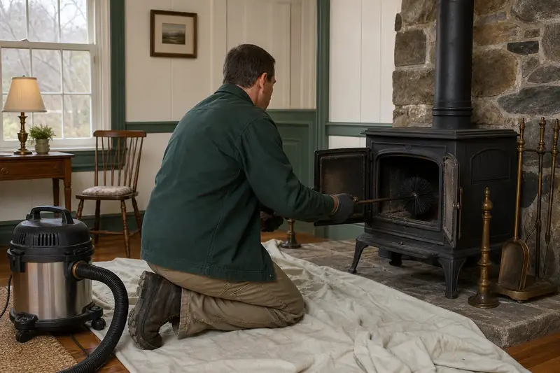 A technician brushing the flue of a cast-iron wood stove on a stone hearth pad from the firebox, drop cloths and a sealed vacuum in place; illustrative image