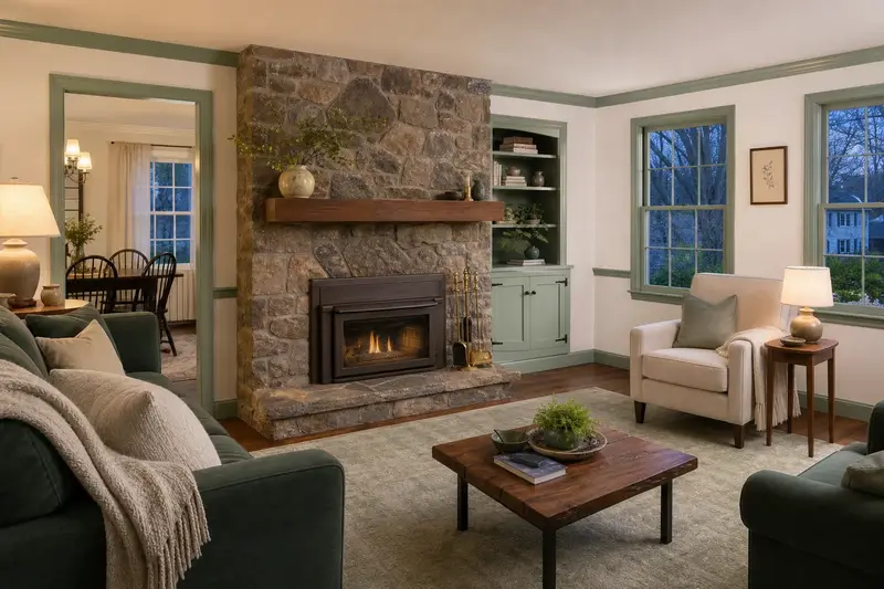 A restored hearth room with a factory-built wood-burning fireplace with a stone facing, a clean hearth and brass fireplace tools; illustrative image