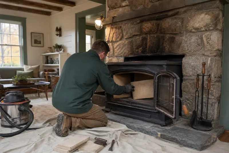 A technician fitting a refractory panel into the firebox of a cast-iron wood stove on a stone hearth pad, the fireplace cold and unlit; illustrative image