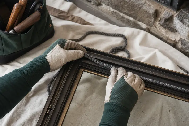 Gloved hands fitting new gasket rope along a fireplace door frame; illustrative image