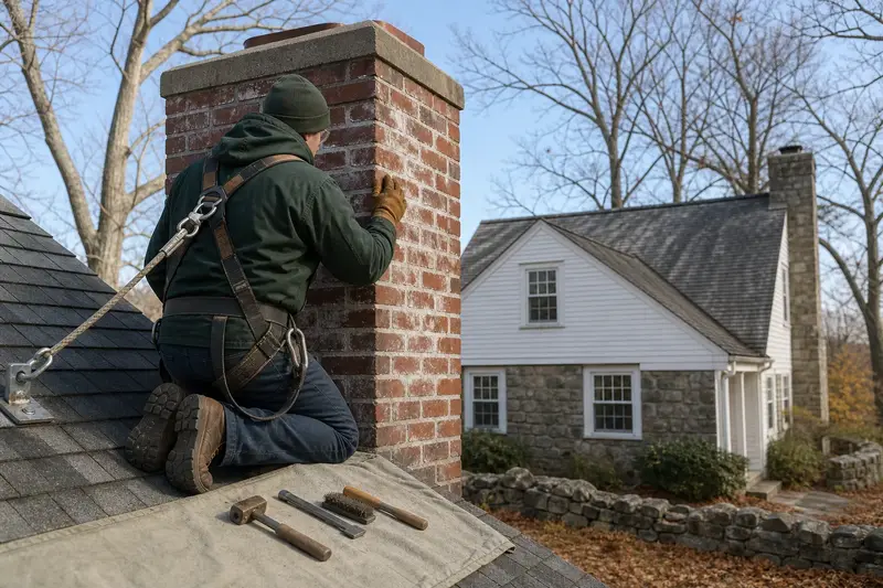 A harnessed technician examining the brick of a red brick chimney with a concrete crown in cold weather; illustrative image