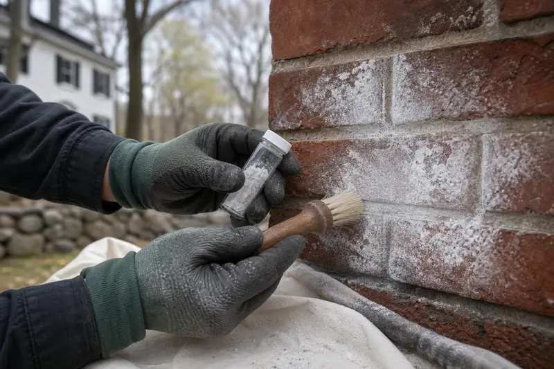 Gloved hands testing white efflorescence on a brick face with a soft brush; illustrative image