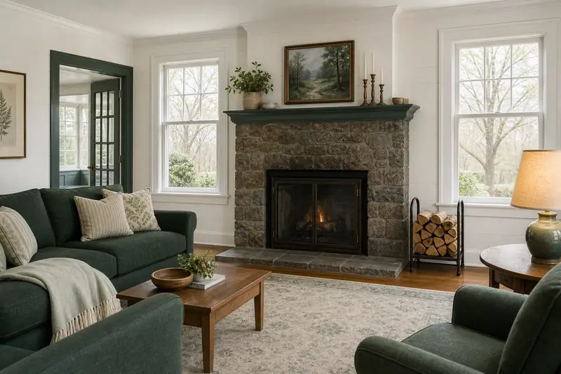 A hearth room with a factory-built wood-burning fireplace with a stone facing, split firewood in a steel rack and a clear hearth; illustrative image