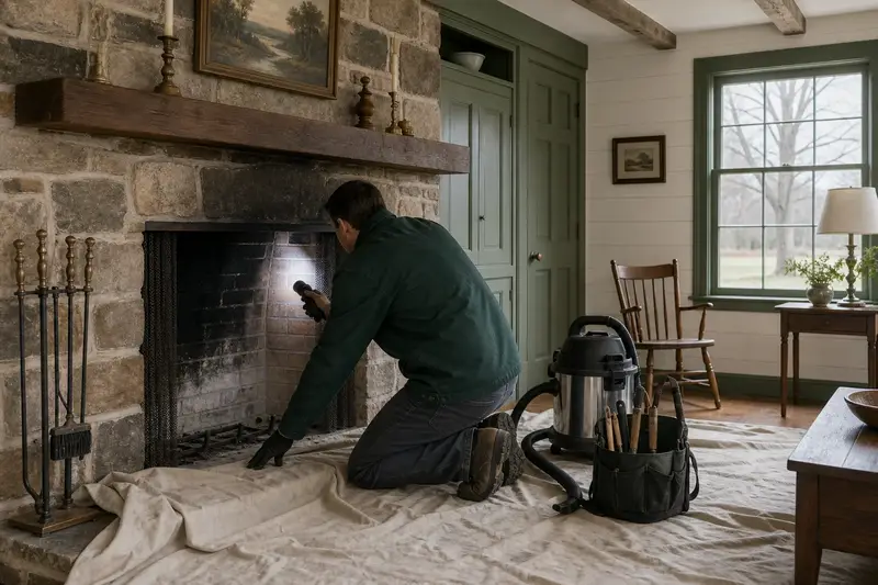 A technician checking the firebox walls of an open masonry wood-burning fireplace with a work light, a drop cloth on the hearth; illustrative image
