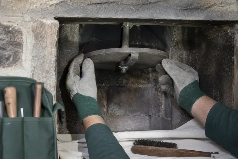 Gloved hands working a cast-iron damper plate inside a cold masonry firebox; illustrative image