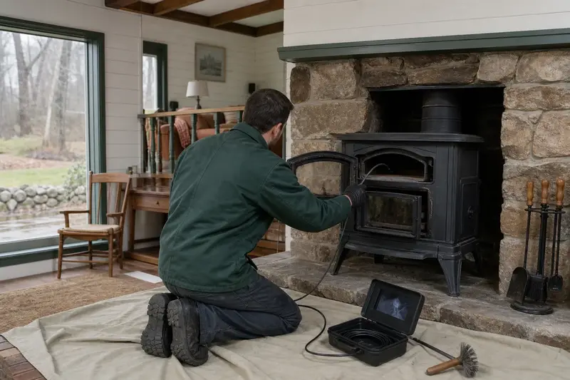 A technician guiding an inspection camera into the smoke chamber of a cast-iron wood stove on a stone hearth pad, the fireplace cold and unlit; illustrative image