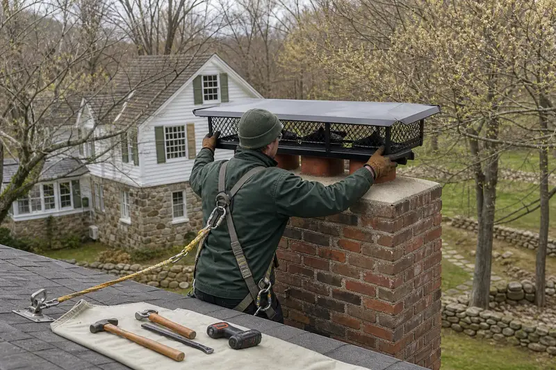 A harnessed technician fastening a multi-flue cap over the crown of a tall brick chimney on a steep gable roof; illustrative image
