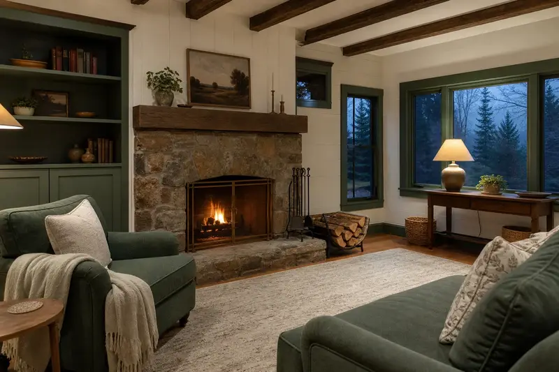 A tidy hearth room with an open masonry wood-burning fireplace, a cleared hearth, fireplace tools and split firewood; illustrative image