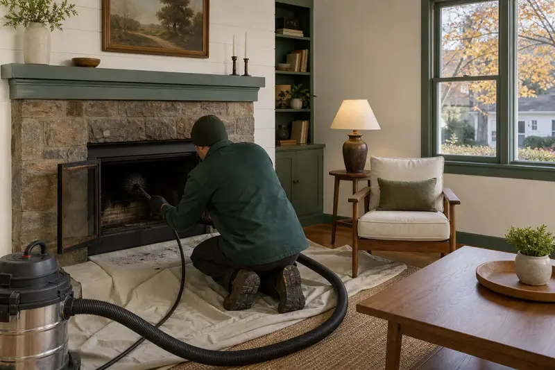A technician kneeling at a factory-built wood-burning fireplace with a stone facing with a sealed vacuum and drop cloths, the fireplace cold and unlit; illustrative image