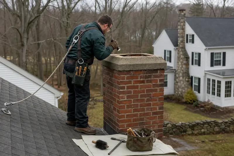 A harnessed technician examining the top of a red brick chimney with a concrete crown with a flashlight from a dry roof surface; illustrative image