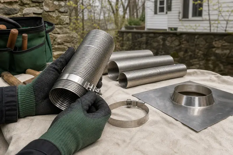 Sections of stainless steel flue liner, clamps and a top plate arranged on a canvas tarp; illustrative image