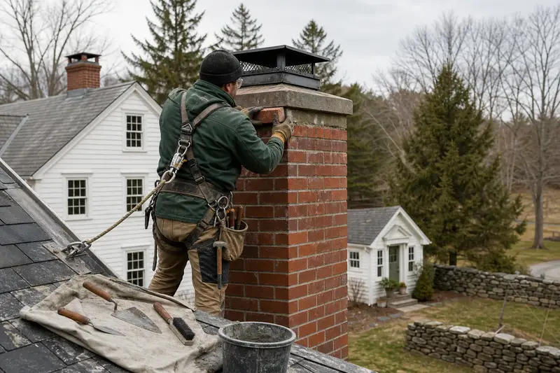 A harnessed mason setting a replacement brick near the top of a tall brick chimney on a steep gable roof; illustrative image