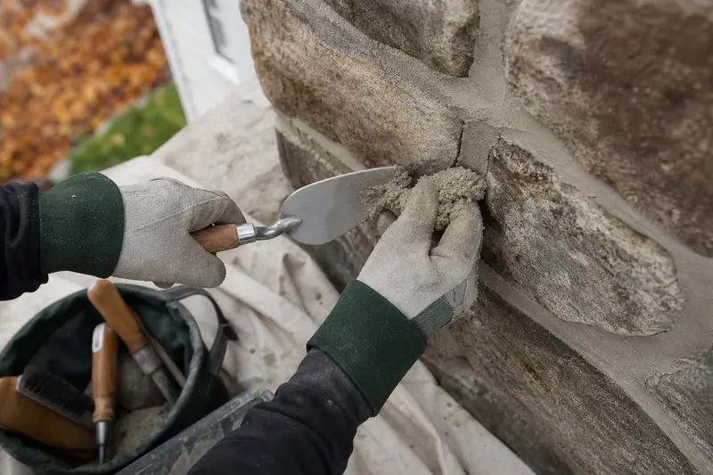 Gloved hands pressing fresh mortar into a raked joint with a tuckpointing trowel; illustrative image