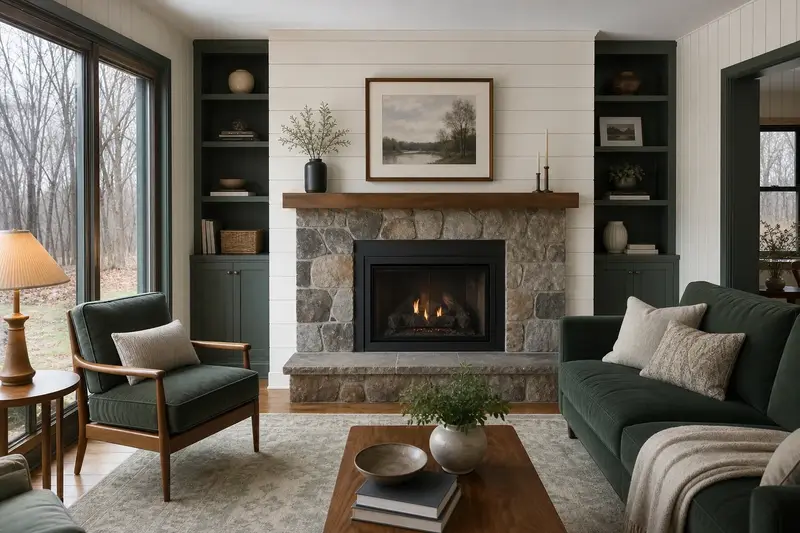 A remodeled hearth wall with a direct-vent gas fireplace, a slim wood mantel and built-in shelves; illustrative image
