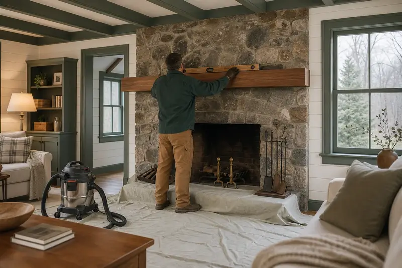 An installer leveling a new wood mantel above an open masonry wood-burning fireplace; illustrative image