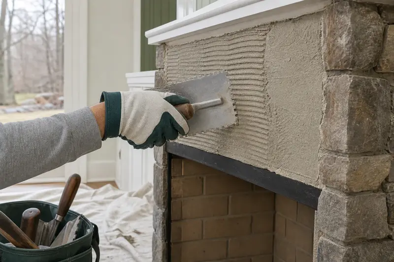 Gloved hands spreading thinset on a fireplace surround before a tile is set; illustrative image