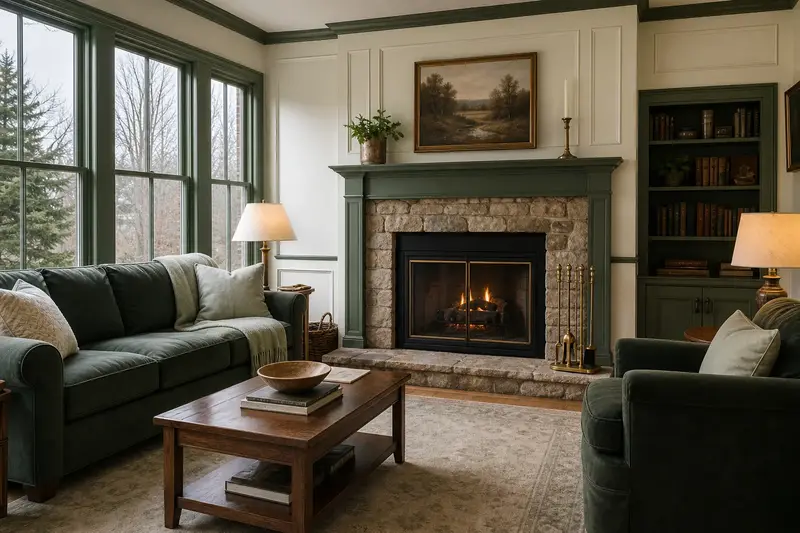 A restored hearth room with a factory-built wood-burning fireplace with a stone facing, a clean hearth and brass fireplace tools; illustrative image