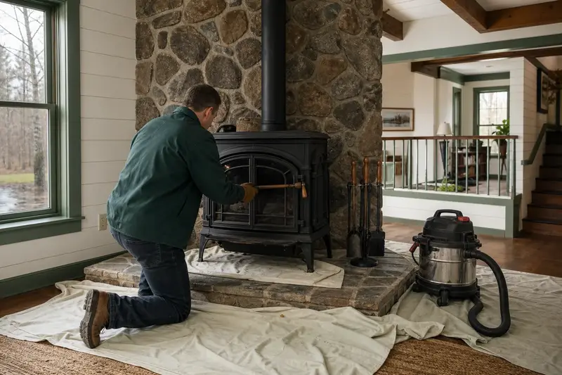 A technician adjusting the glass doors of a cast-iron wood stove on a stone hearth pad with a hand tool, the fireplace unlit; illustrative image