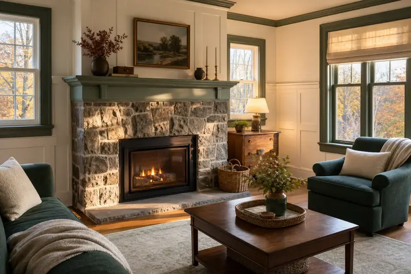 A warm living room with a vented gas log set in a masonry firebox glowing softly behind its glass, no one present; illustrative image