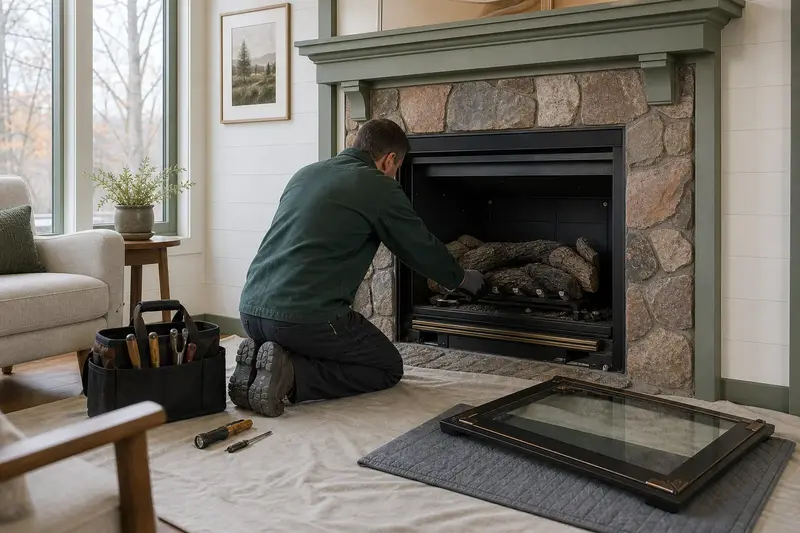 A technician checking the burner and log placement of a direct-vent gas fireplace with the gas off and the glass set aside; illustrative image