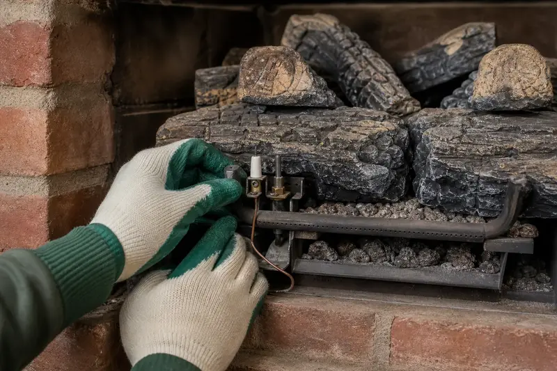 The burner, pilot assembly and ember bed inside a gas insert set in a brick opening, unlit, seen up close; illustrative image