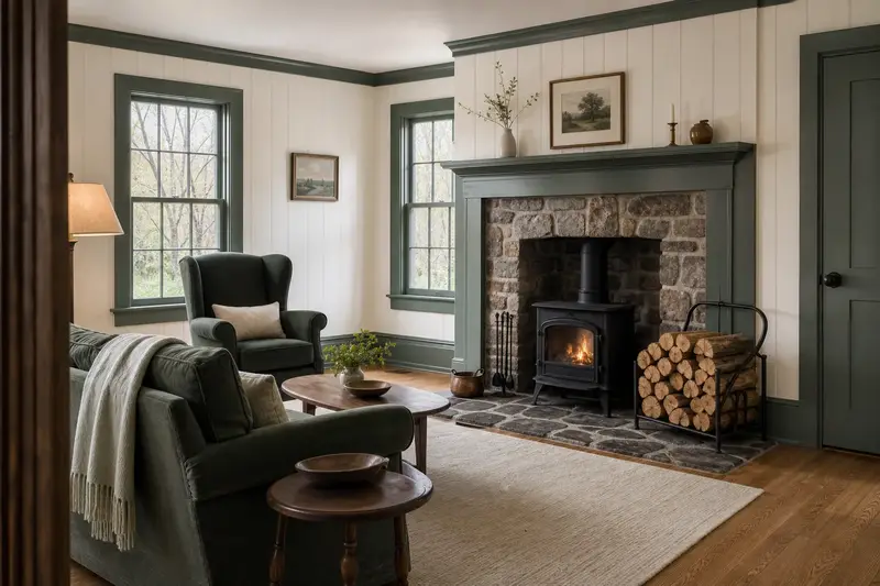 A hearth room with a cast-iron wood stove on a stone hearth pad, split firewood in a steel rack and a clear hearth; illustrative image