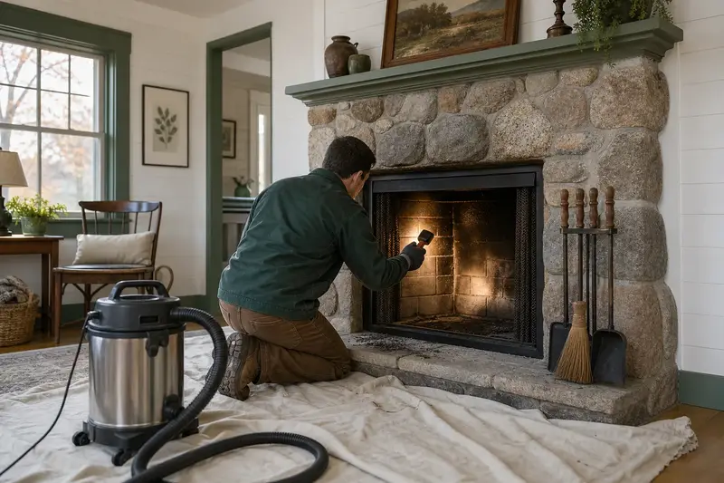 A technician checking the firebox walls of a factory-built wood-burning fireplace with a stone facing with a work light, a drop cloth on the hearth; illustrative image