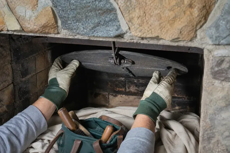 Gloved hands working a cast-iron damper plate inside a cold masonry firebox; illustrative image