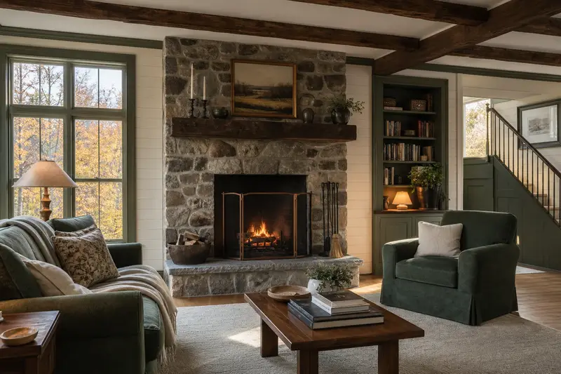 A living room with an open masonry wood-burning fireplace and a small fire behind a screen, no one present; illustrative image