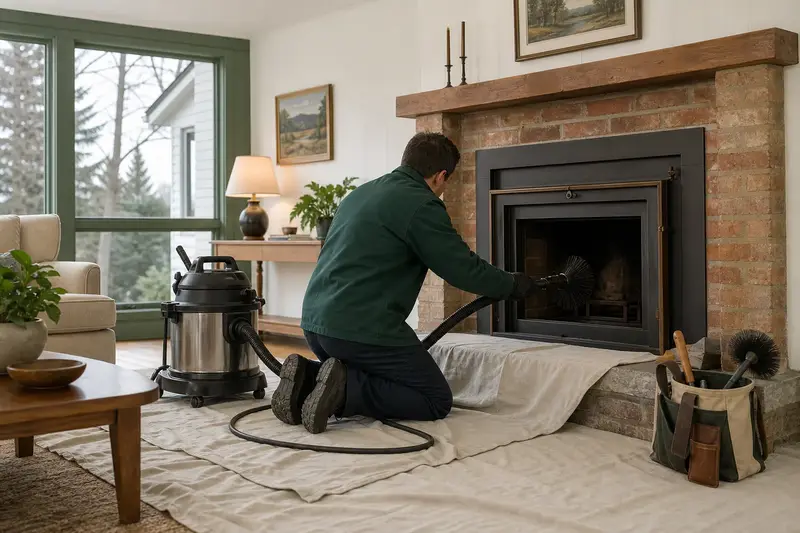 A technician kneeling at a wood-burning insert in a brick opening with a sealed vacuum and drop cloths, the fireplace cold and unlit; illustrative image