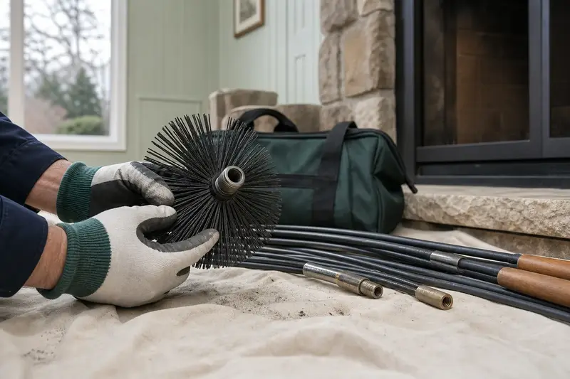 A rotary brush head and flexible rods laid on a canvas drop cloth beside a factory-built wood-burning fireplace with a stone facing; illustrative image