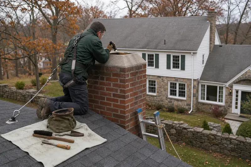 A harnessed technician examining the top of a red brick chimney with a concrete crown with a flashlight from a dry roof surface; illustrative image