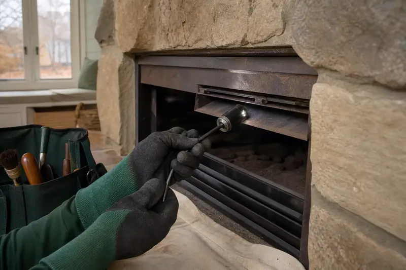 An inspection camera head on a flexible cable at the damper opening of a direct-vent gas fireplace; illustrative image