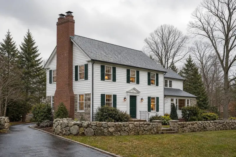 A 1970s two-story suburban house with a two-flue brick chimney on a slate roof and neat, even mortar joints; illustrative image