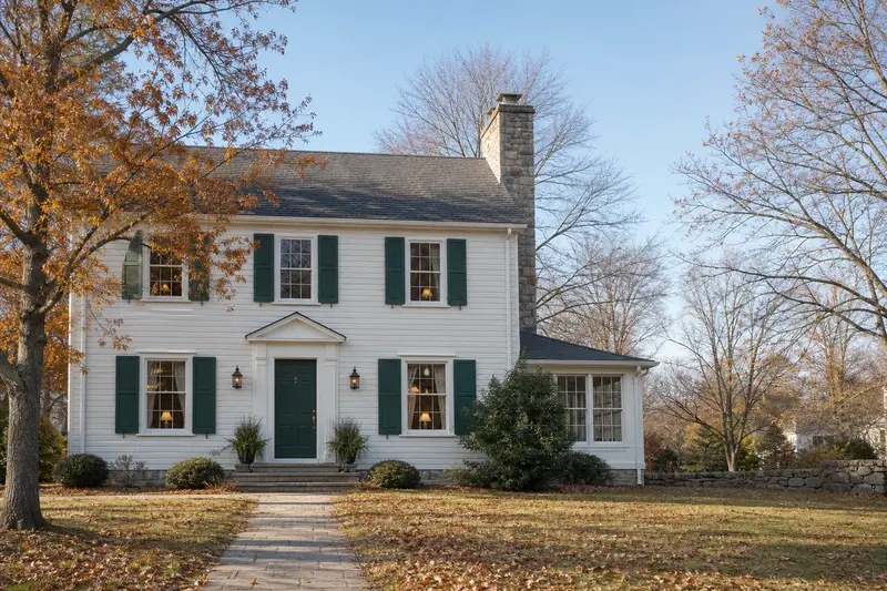A 1970s two-story suburban house with a stone masonry chimney and neat mortar joints; illustrative image