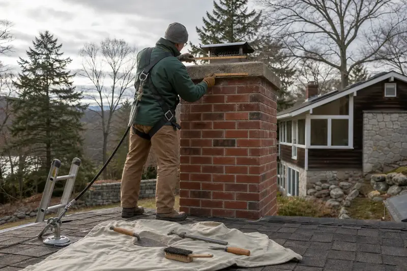 A harnessed mason measuring the crown of a red brick chimney with a concrete crown with a folding rule; illustrative image